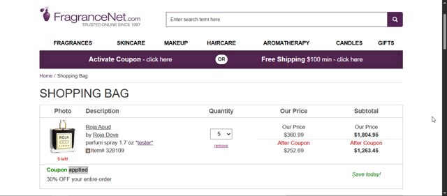 FragranceNet.com checkout page showing FragranceNet.com coupon code box | Screenshot taken by SimplyCodes community member on Aug 17, 2025