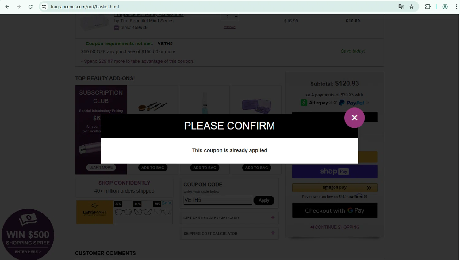 FragranceNet.com coupon code screenshot showing code VETH5 applied at FragranceNet.com checkout page. Uploaded by SimplyCodes community member richard007 on Aug 29, 2025