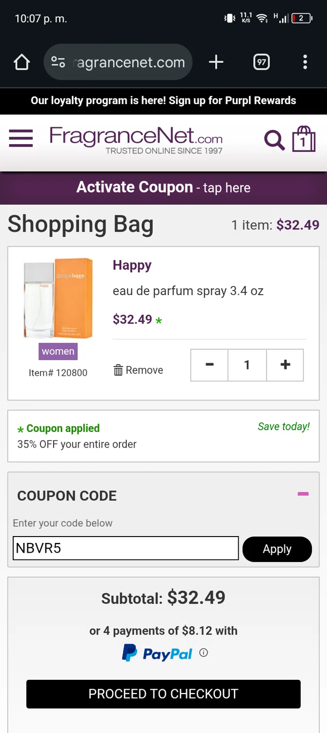 FragranceNet.com coupon code screenshot showing code NBVR5 applied at FragranceNet.com checkout page. Uploaded by SimplyCodes community member Bernado on Aug 19, 2025