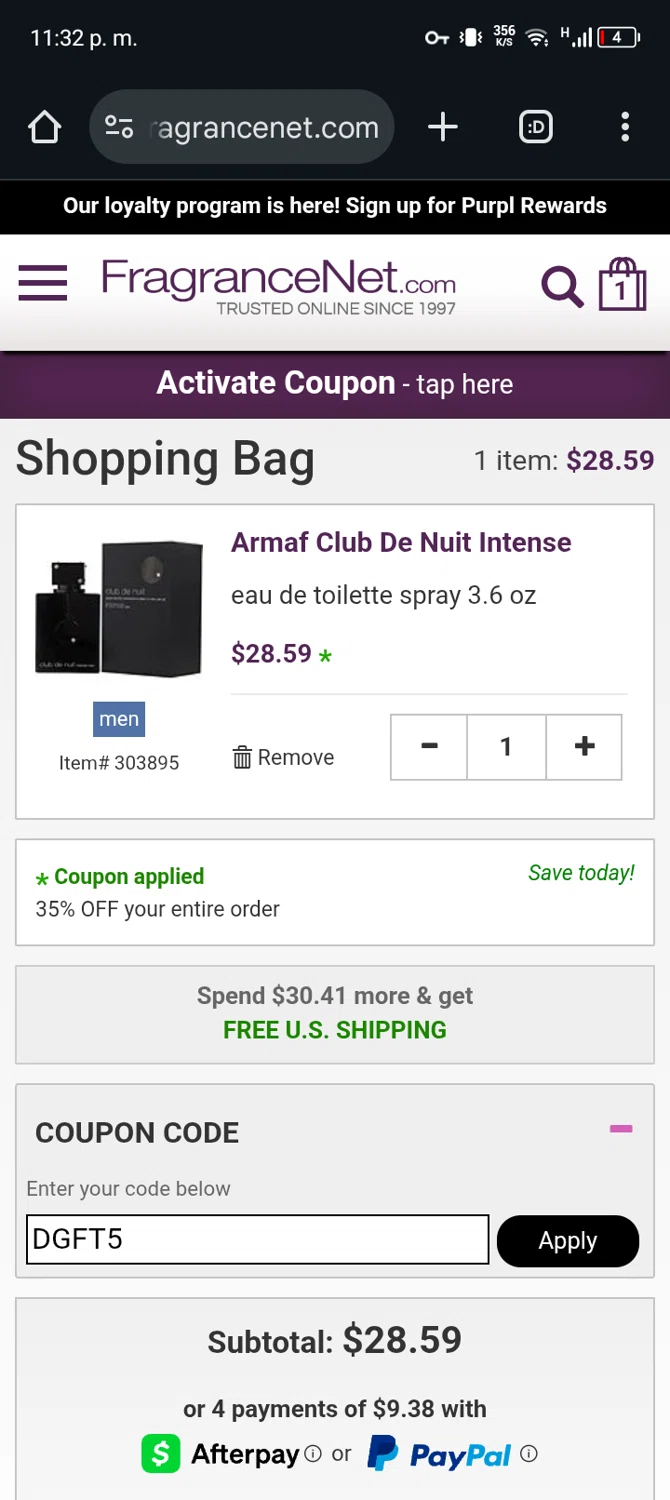 FragranceNet.com coupon code screenshot showing code DGFT5 applied at FragranceNet.com checkout page. Uploaded by SimplyCodes community member Bernado on Jun 20, 2025