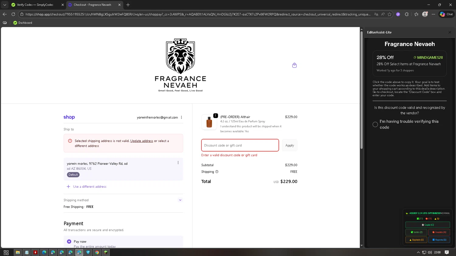Fragrance Nevaeh discount code screenshot showing code MINDGAMES28 applied at Fragrance Nevaeh checkout page. Uploaded by SimplyCodes community member CleverKnight6759 on Feb 12, 2026