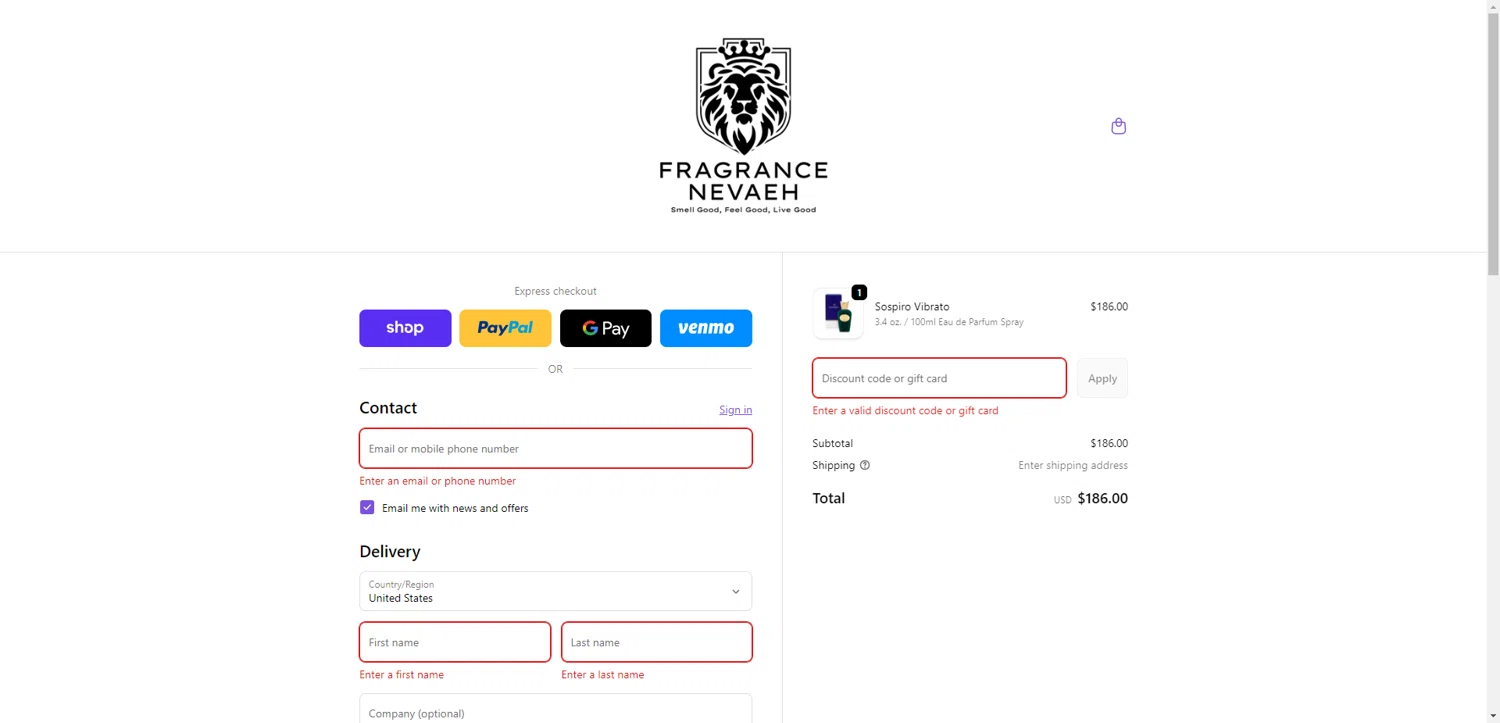 Fragrance Nevaeh discount code screenshot showing code MINDGAMES28 applied at Fragrance Nevaeh checkout page. Uploaded by SimplyCodes community member CrownWhiz8114 on Feb 13, 2026