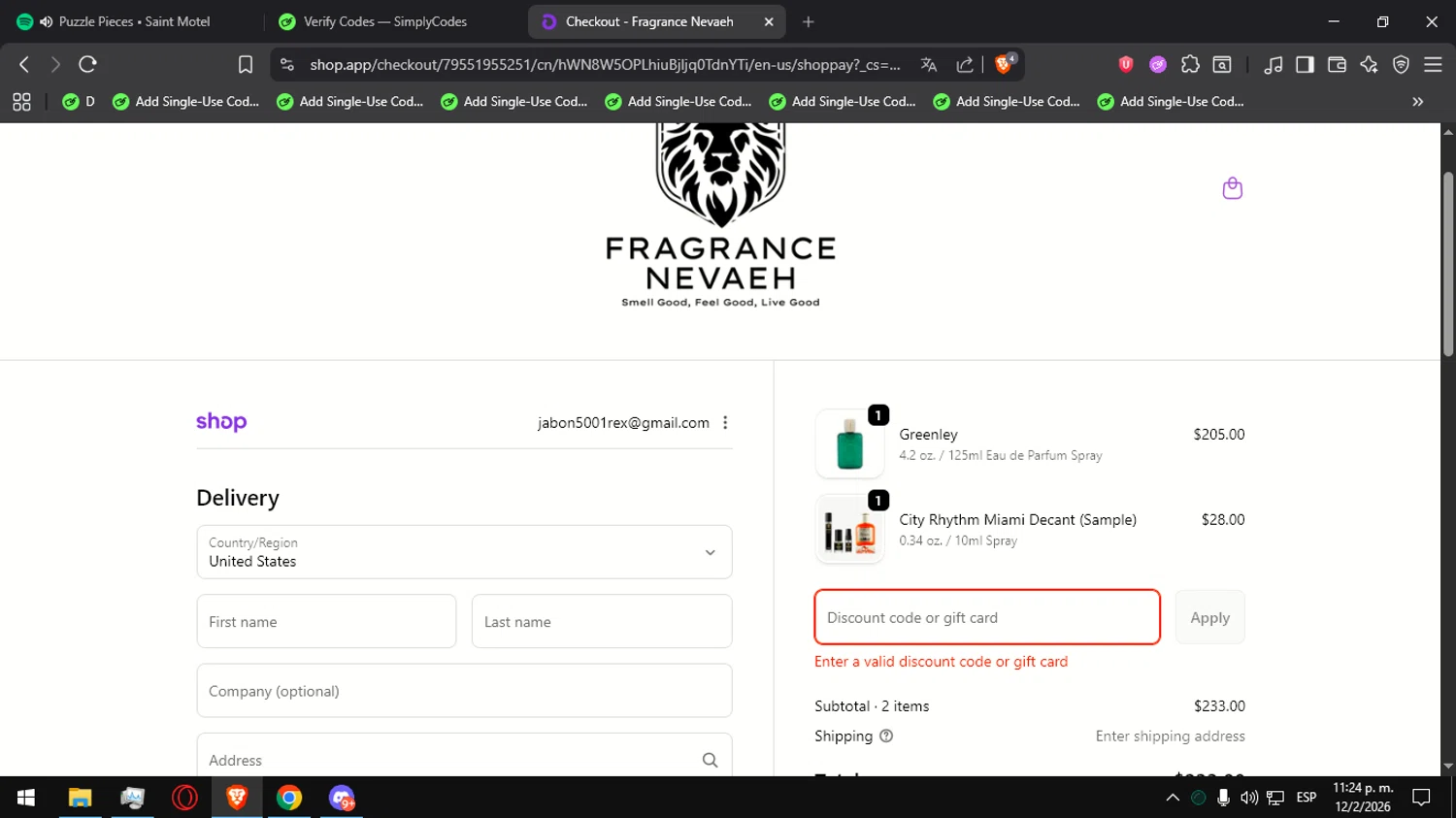 Fragrance Nevaeh discount code screenshot showing code MINDGAMES28 applied at Fragrance Nevaeh checkout page. Uploaded by SimplyCodes community member Ultrapapu on Feb 13, 2026