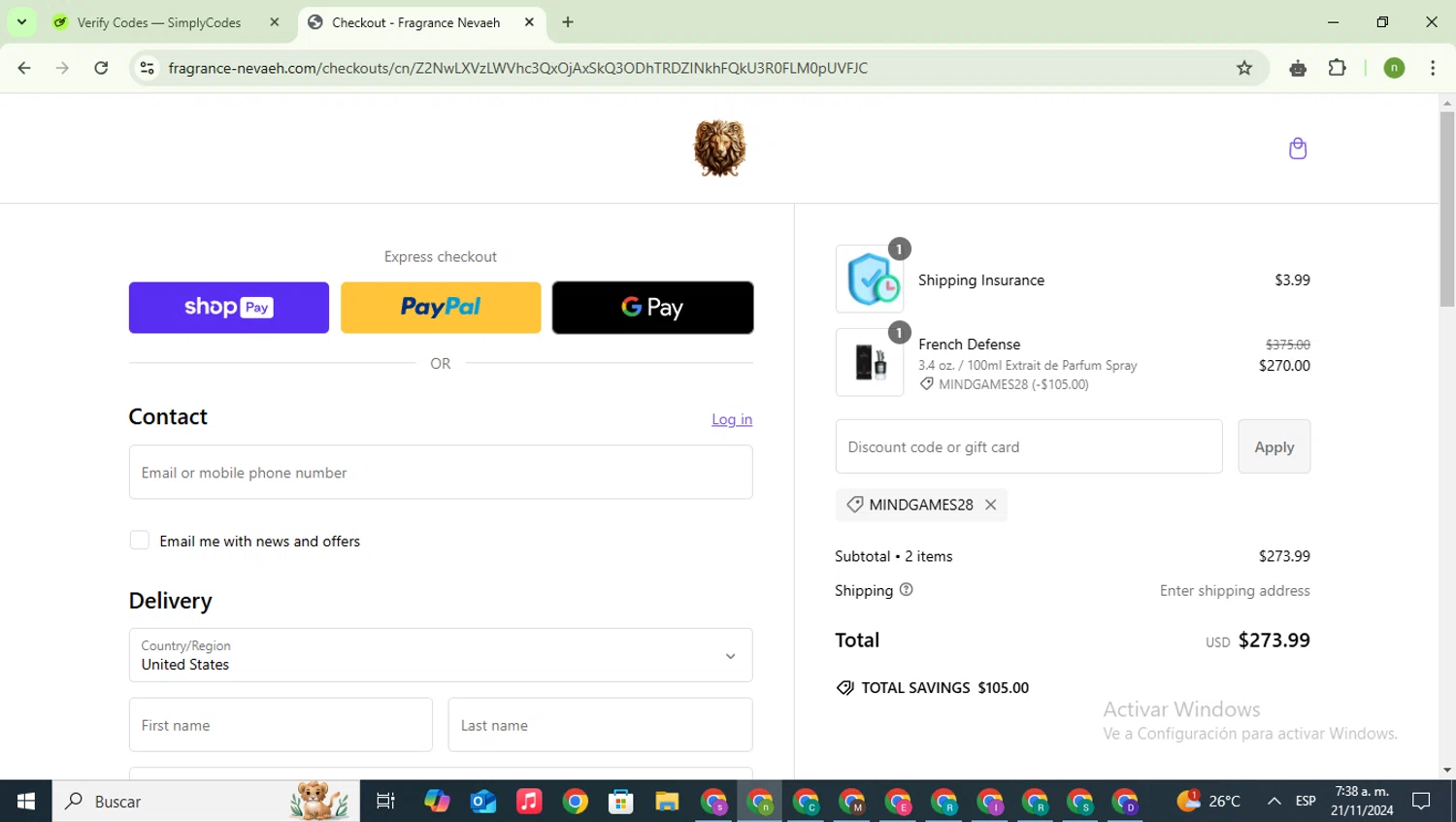 Fragrance Nevaeh checkout page showing Fragrance Nevaeh discount code box | Screenshot taken by SimplyCodes community member on Nov 21, 2024