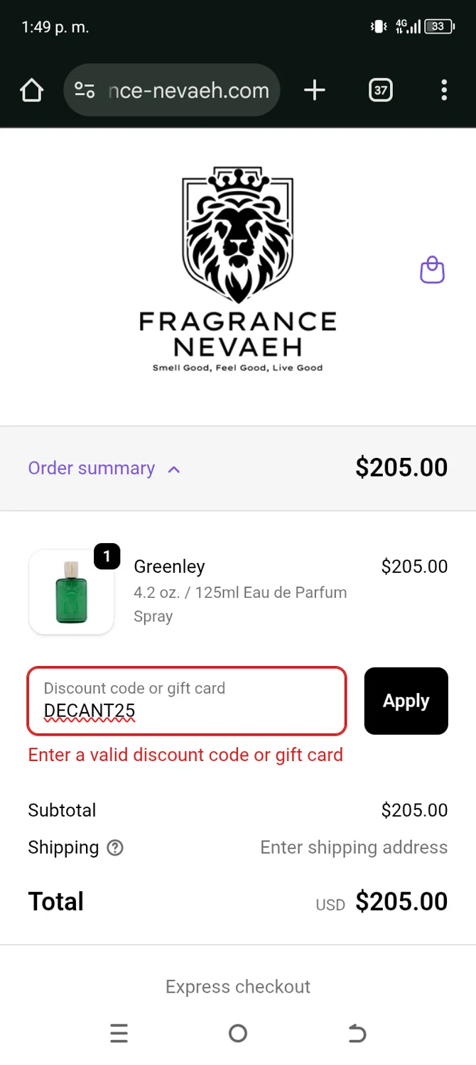 Fragrance Nevaeh discount code screenshot showing code DECANT25 applied at Fragrance Nevaeh checkout page. Uploaded by SimplyCodes community member Ryan_Garcia on Feb 11, 2026