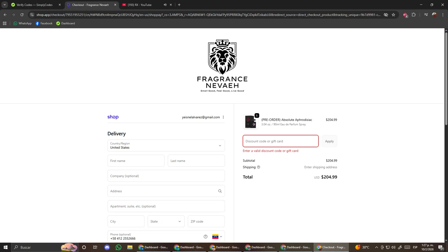 Fragrance Nevaeh discount code screenshot showing code DECANT25 applied at Fragrance Nevaeh checkout page. Uploaded by SimplyCodes community member ScanShopper554 on Feb 10, 2026