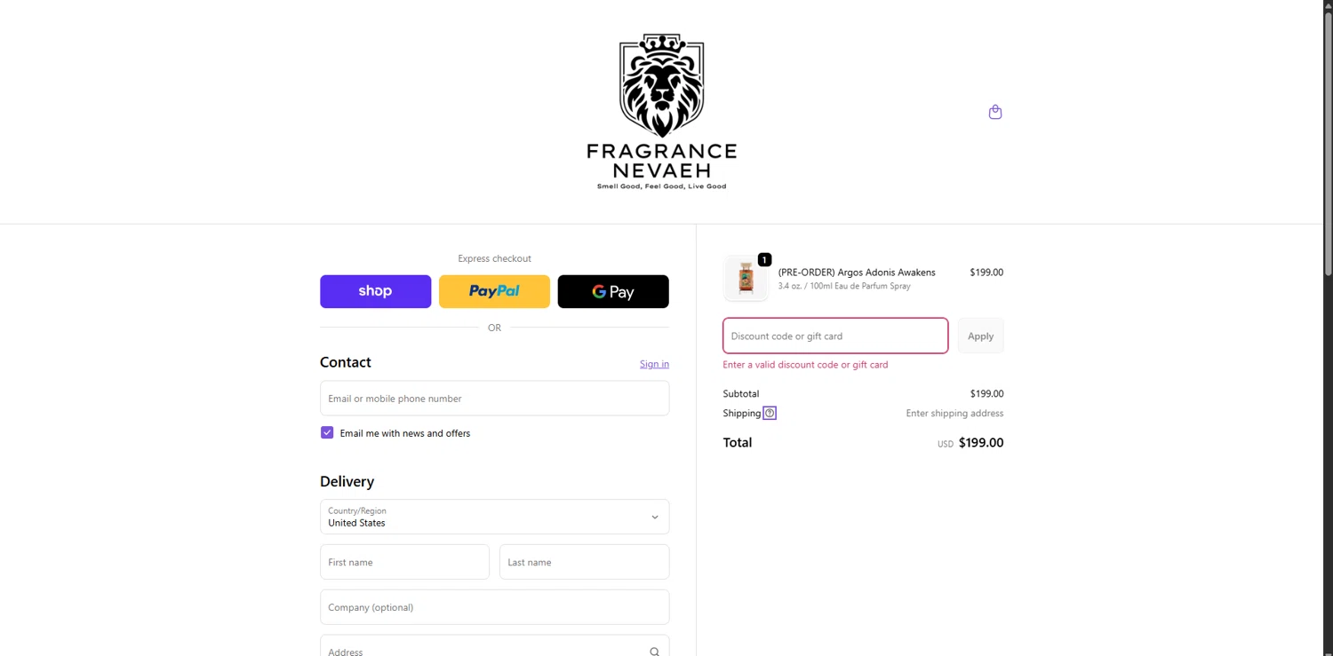 Fragrance Nevaeh discount code screenshot showing code DECANT25 applied at Fragrance Nevaeh checkout page. Uploaded by SimplyCodes community member ScanSpotter1700 on Dec 4, 2025
