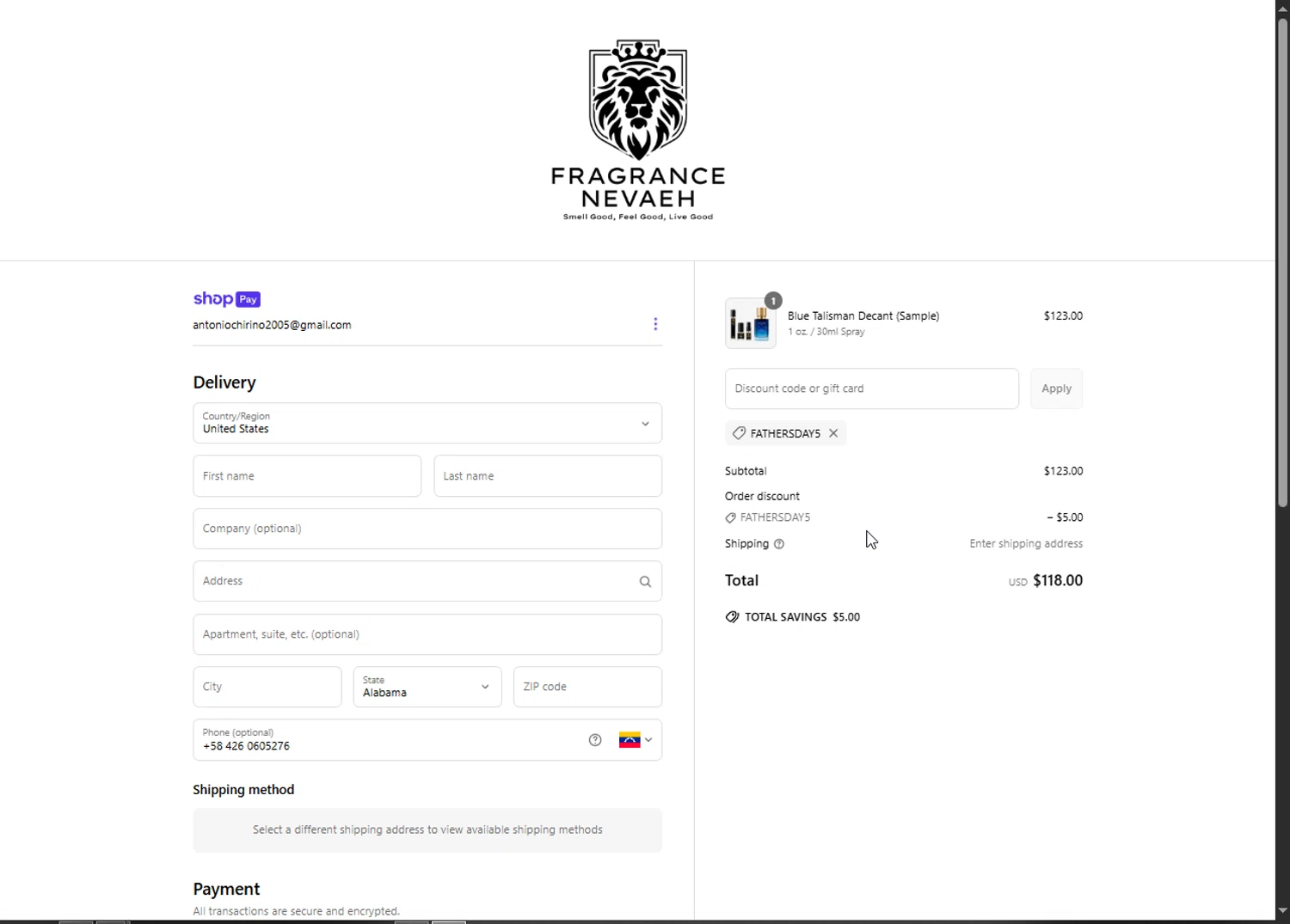 Fragrance Nevaeh checkout page showing Fragrance Nevaeh discount code box | Screenshot taken by SimplyCodes community member on Jun 15, 2025