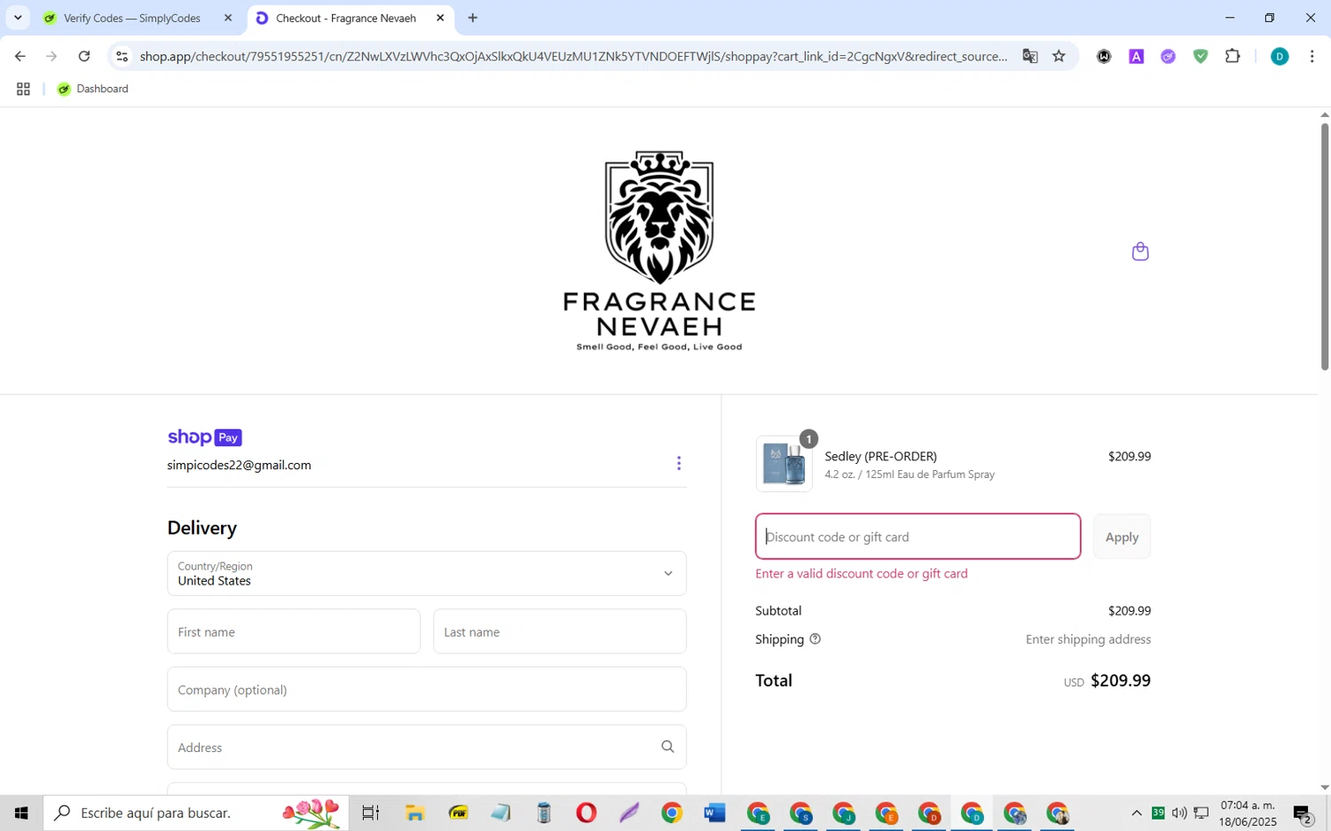 Fragrance Nevaeh discount code screenshot showing code FATHERSDAY5 applied at Fragrance Nevaeh checkout page. Uploaded by SimplyCodes community member MagnificentCollector5368 on Jun 18, 2025