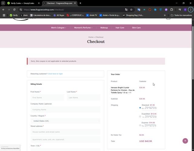 FragranceShop.com checkout page showing FragranceShop.com coupon code box | Screenshot taken by SimplyCodes community member on Jul 12, 2025
