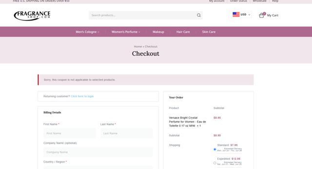 FragranceShop.com checkout page showing FragranceShop.com coupon code box | Screenshot taken by SimplyCodes community member on Jun 16, 2025