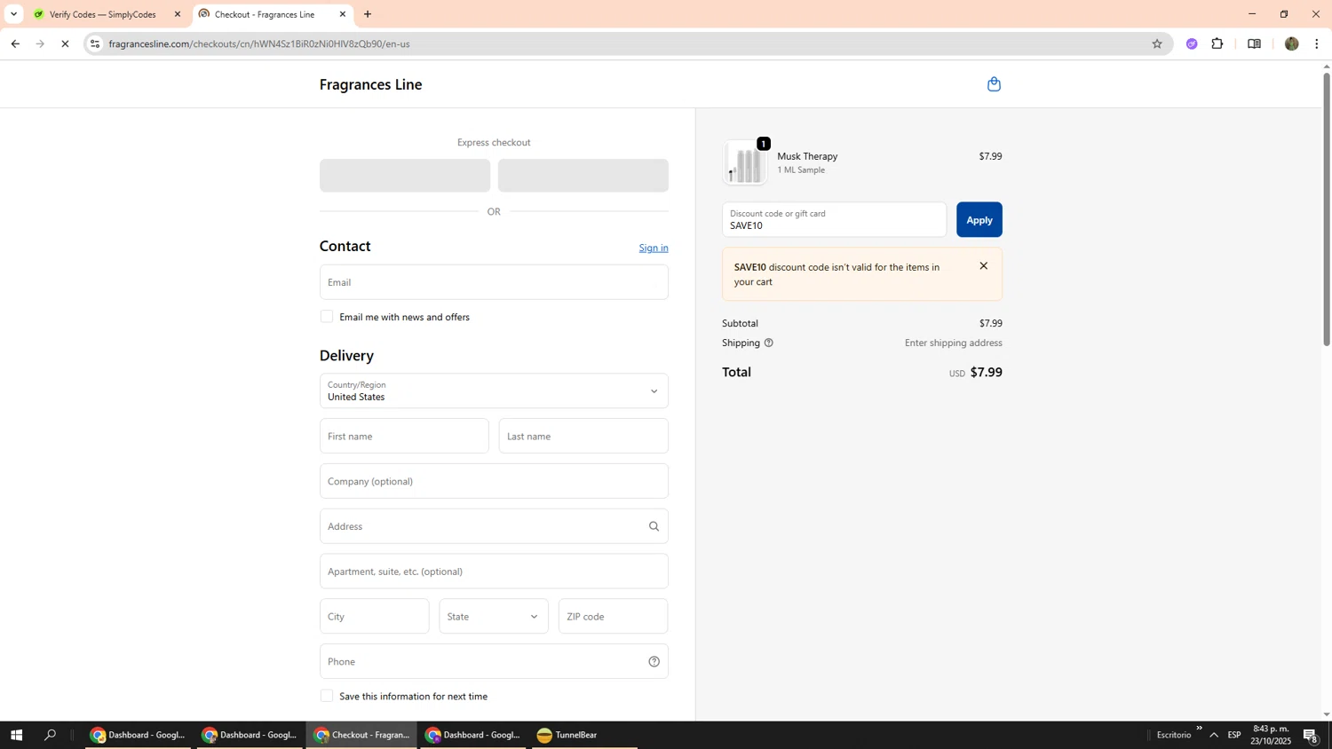 Fragrances Line discount code screenshot showing code SAVE10 applied at Fragrances Line checkout page. Uploaded by SimplyCodes community member Phoenix585 on Oct 24, 2025