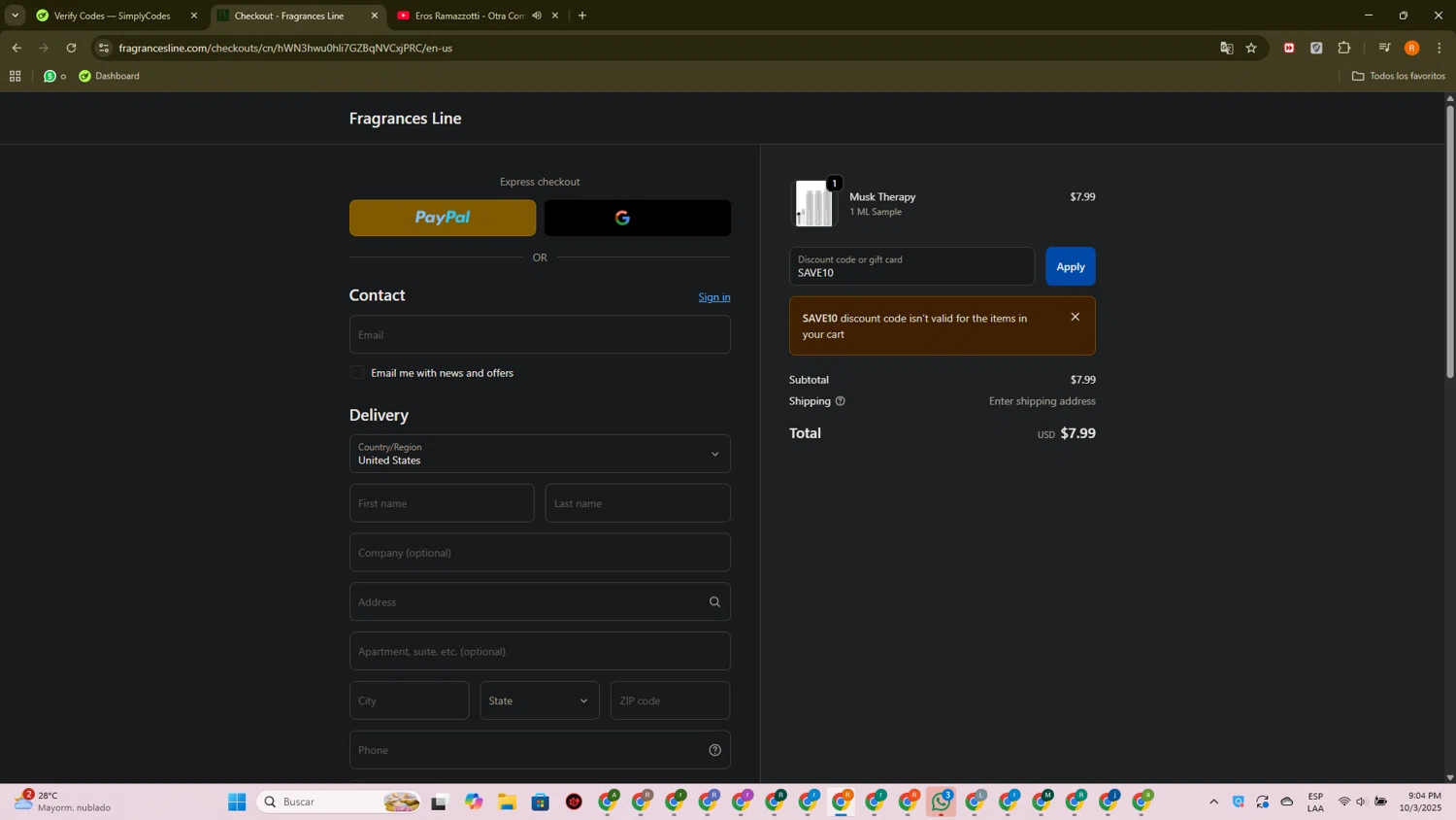 Fragrances Line discount code screenshot showing code SAVE10 applied at Fragrances Line checkout page. Uploaded by SimplyCodes community member PromoTitan1625 on Oct 4, 2025