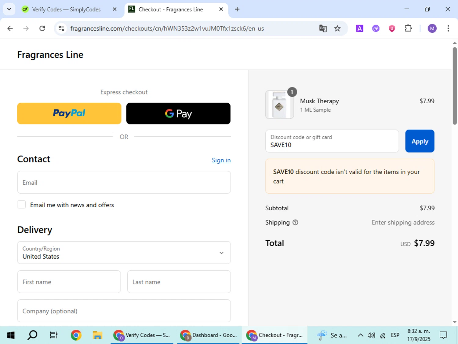 Fragrances Line discount code screenshot showing code SAVE10 applied at Fragrances Line checkout page. Uploaded by SimplyCodes community member VoucherScout6115 on Sep 17, 2025