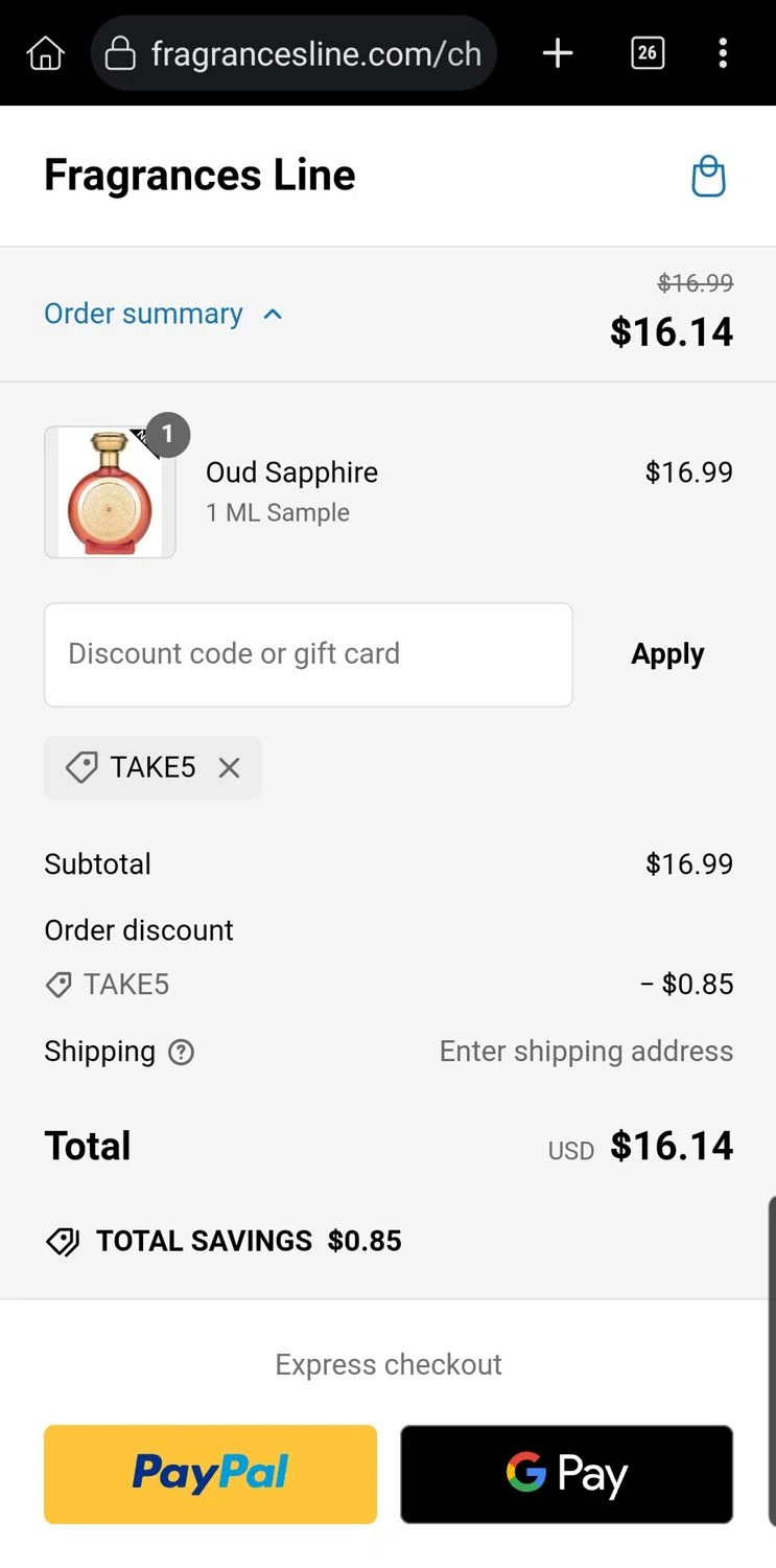 Fragrances Line discount code screenshot showing code TAKE5 applied at Fragrances Line checkout page. Uploaded by SimplyCodes community member Carloslvz on Jan 25, 2025