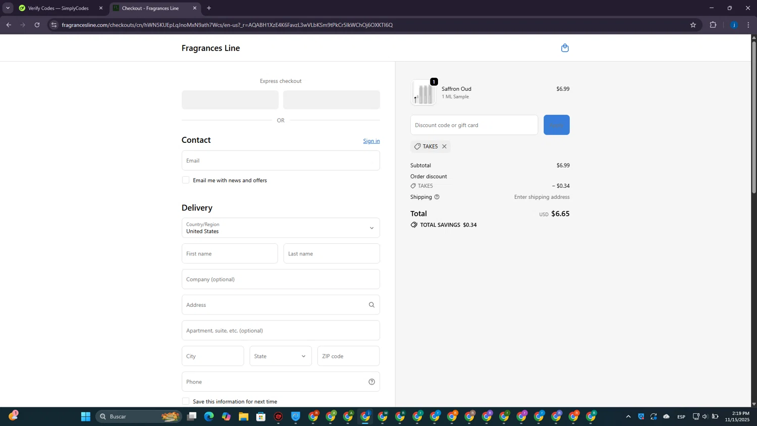 Fragrances Line discount code screenshot showing code TAKE5 applied at Fragrances Line checkout page. Uploaded by SimplyCodes community member CrownElite7615 on Nov 15, 2025