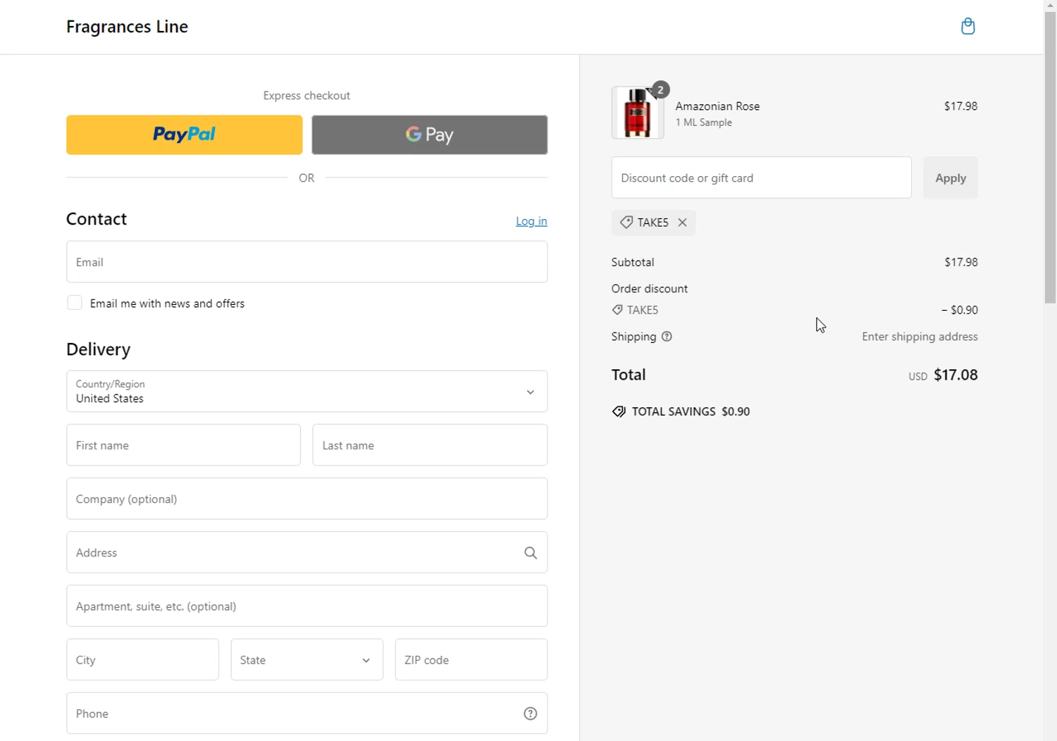 Fragrances Line discount code screenshot showing code TAKE5 applied at Fragrances Line checkout page. Uploaded by SimplyCodes community member Puta_madre10 on Dec 27, 2024