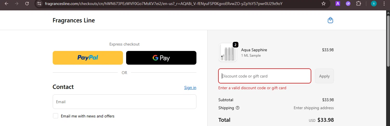 Fragrances Line discount code screenshot showing code THANKS25 applied at Fragrances Line checkout page. Uploaded by SimplyCodes community member ValiantChaser7723 on Dec 6, 2025