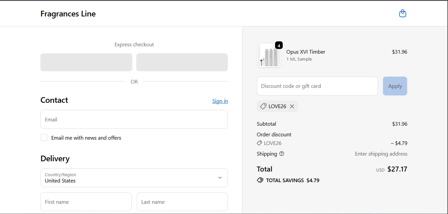 Fragrances Line checkout page showing Fragrances Line discount code box | Screenshot taken by SimplyCodes community member on Feb 13, 2026