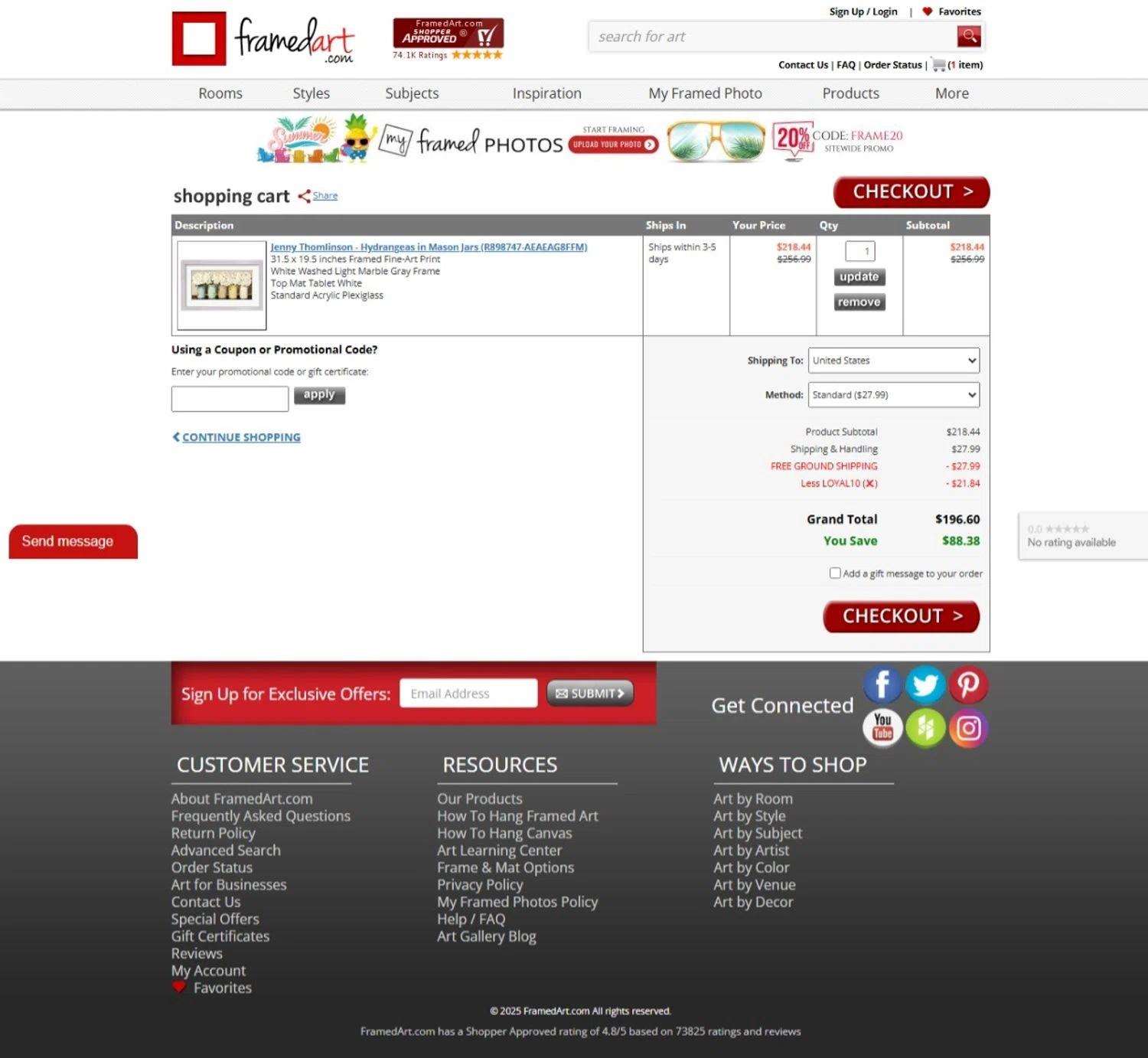 FramedArt.com coupon code screenshot showing code LOYAL10 applied at FramedArt.com checkout page. Uploaded by SimplyCodes community member FortunateShopper8827 on Jun 28, 2025