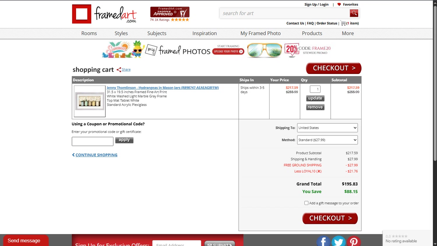 FramedArt.com coupon code screenshot showing code LOYAL10 applied at FramedArt.com checkout page. Uploaded by SimplyCodes community member TokioMiller on Jun 21, 2025