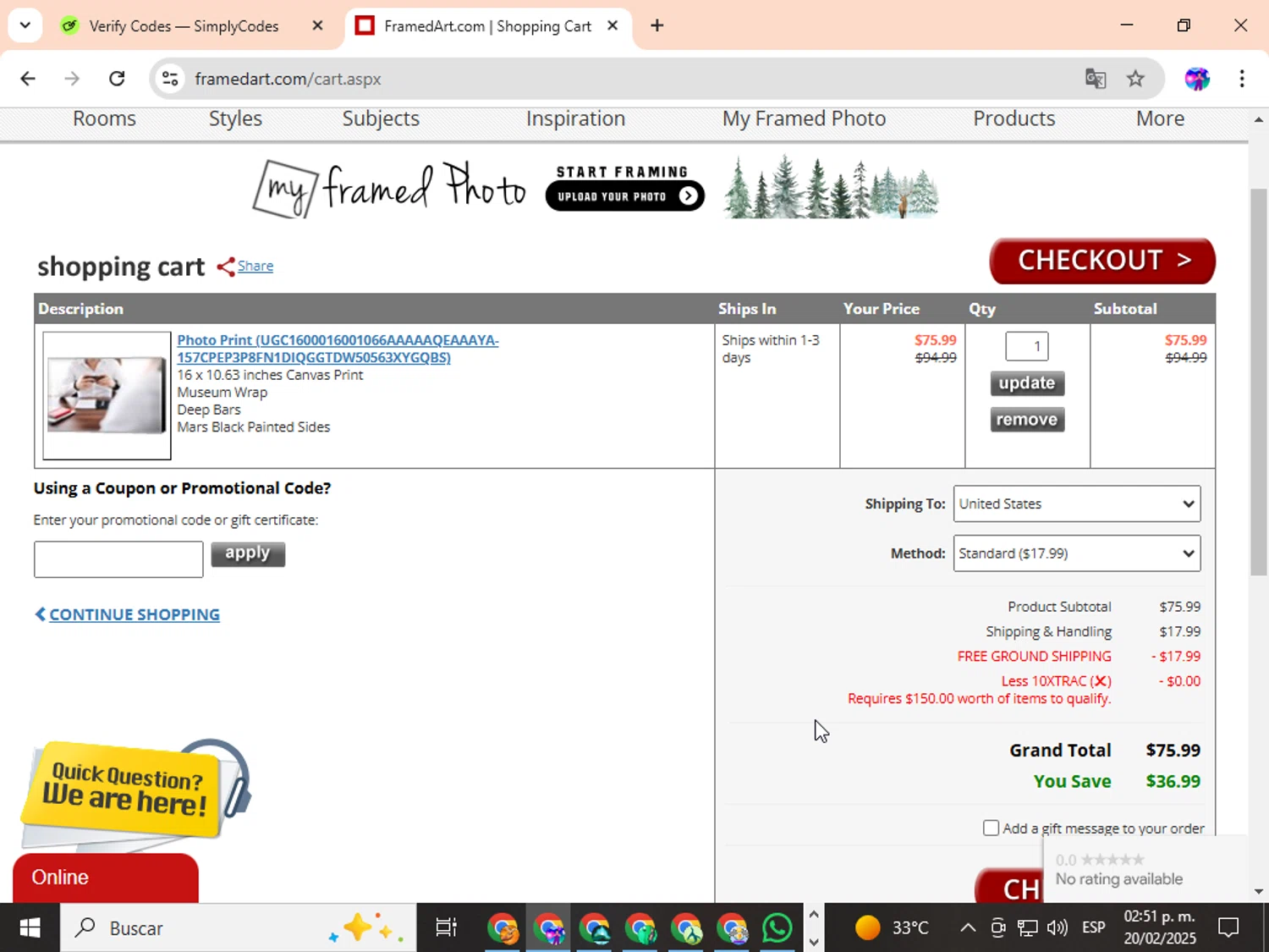 FramedArt.com coupon code screenshot showing code 10XTRAC applied at FramedArt.com checkout page. Uploaded by SimplyCodes community member ingric on Feb 20, 2025