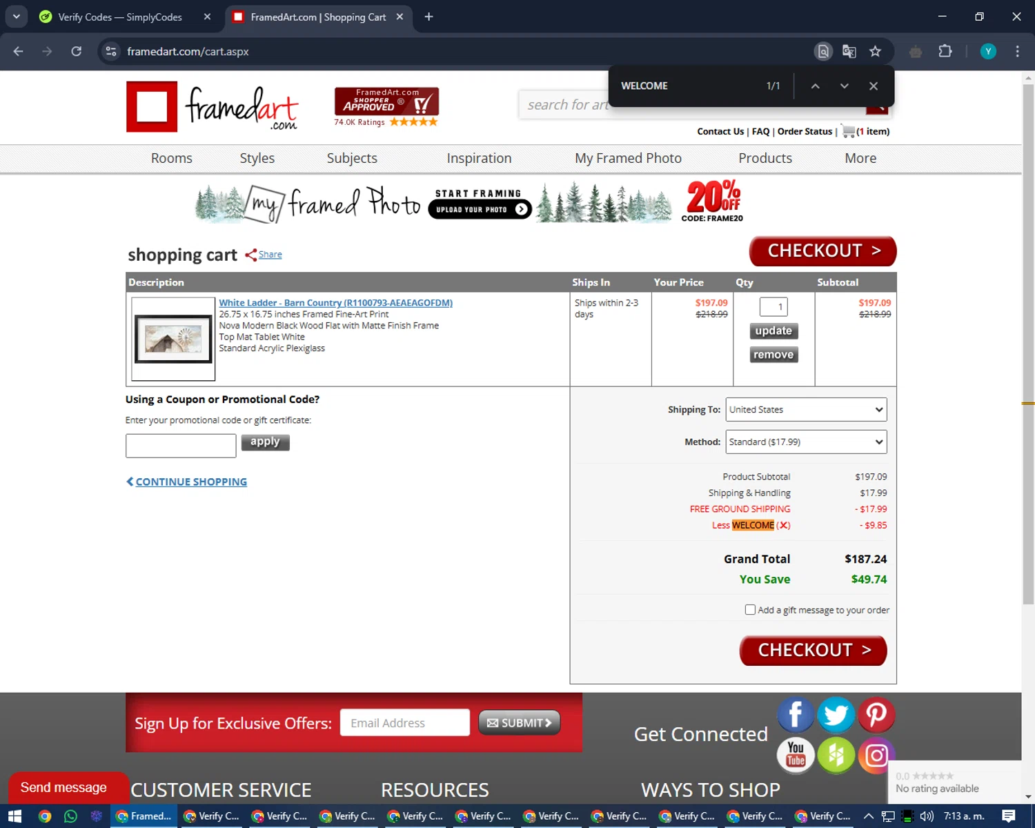 FramedArt.com coupon code screenshot showing code WELCOME applied at FramedArt.com checkout page. Uploaded by SimplyCodes community member RoyalEagle4794 on Jan 22, 2025
