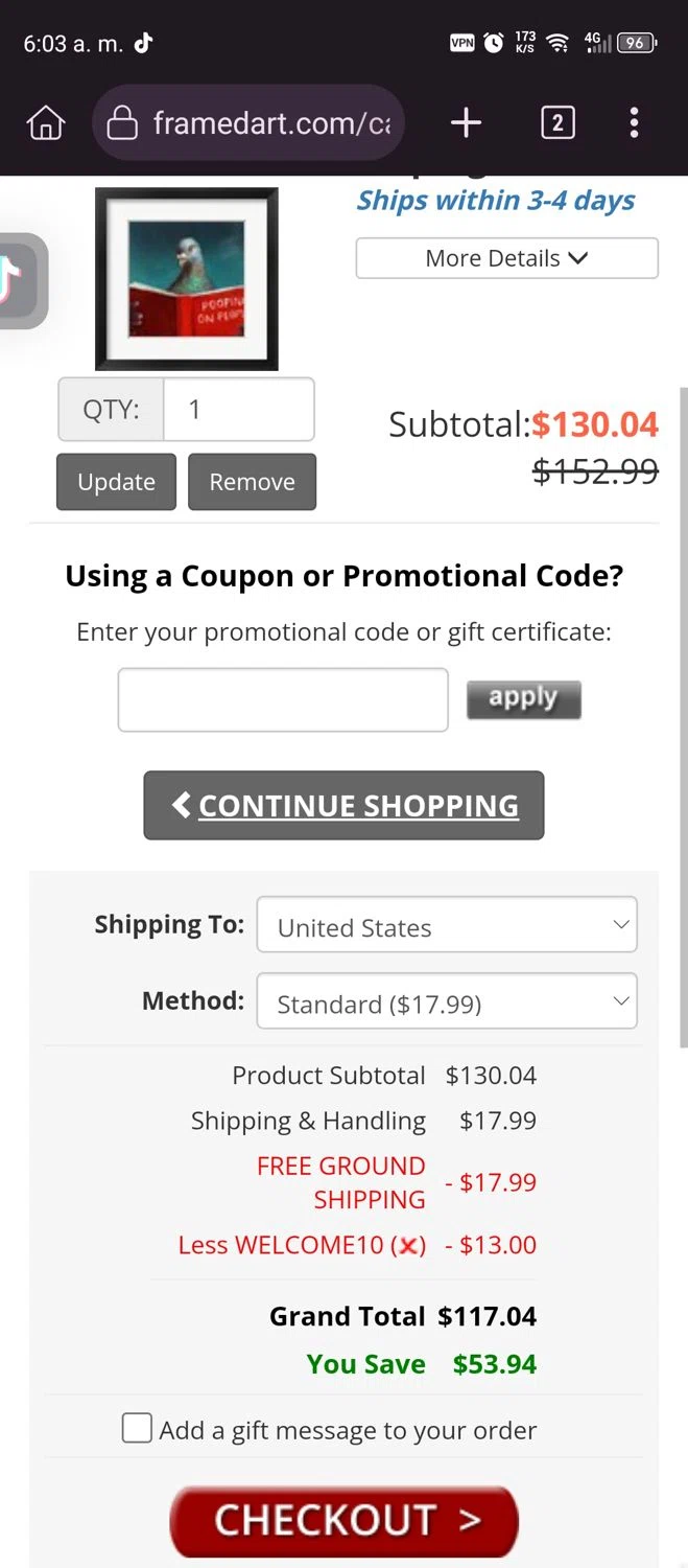 FramedArt.com coupon code screenshot showing code WELCOME10 applied at FramedArt.com checkout page. Uploaded by SimplyCodes community member GumballWatterson on Jun 28, 2025