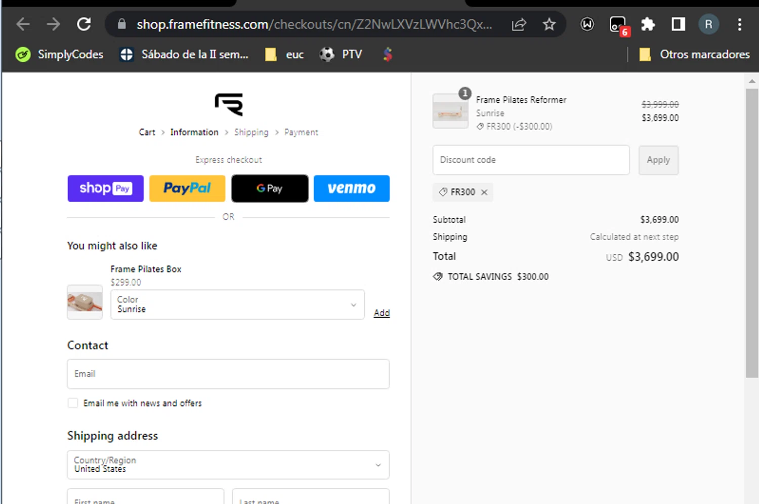Frame Fitness checkout page showing Frame Fitness discount code box | Screenshot taken by SimplyCodes community member on Apr 23, 2024