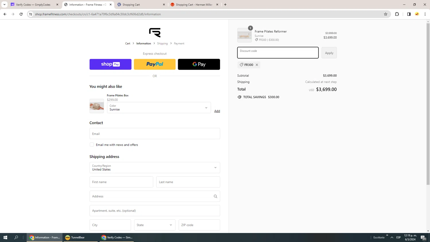 Frame Fitness checkout page showing Frame Fitness discount code box | Screenshot taken by SimplyCodes community member on Mar 6, 2024