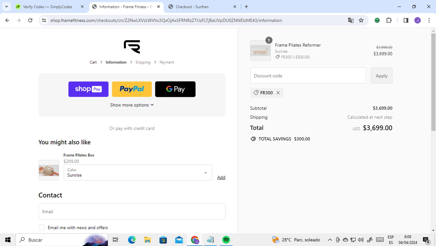 Frame Fitness checkout page showing Frame Fitness discount code box | Screenshot taken by SimplyCodes community member on Apr 4, 2024