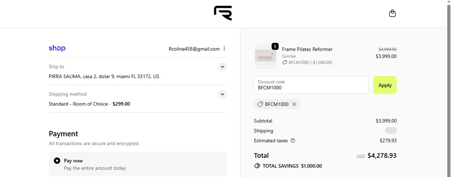 Frame Fitness discount code screenshot showing code BFCM1000 applied at Frame Fitness checkout page. Uploaded by SimplyCodes community member ShieldWarden5142 on Nov 17, 2025