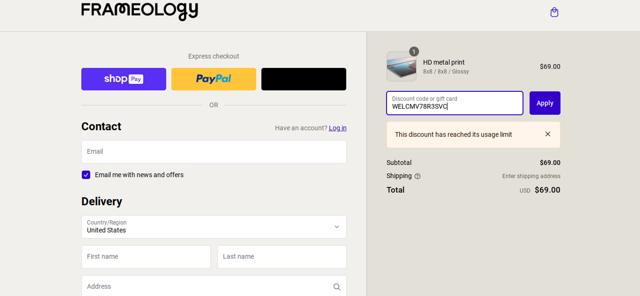 Frameology checkout page showing Frameology discount code box | Screenshot taken by SimplyCodes community member on Oct 11, 2023