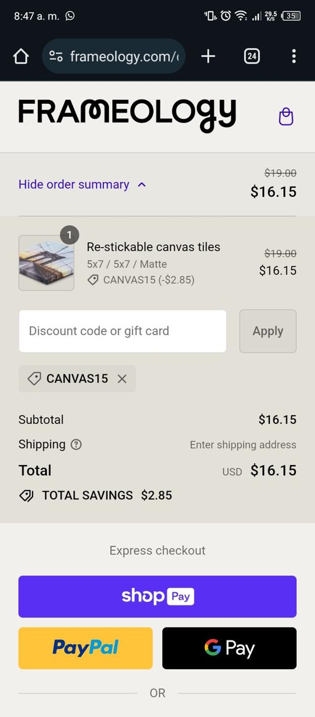 Frameology checkout page showing Frameology discount code box | Screenshot taken by SimplyCodes community member on Dec 20, 2023