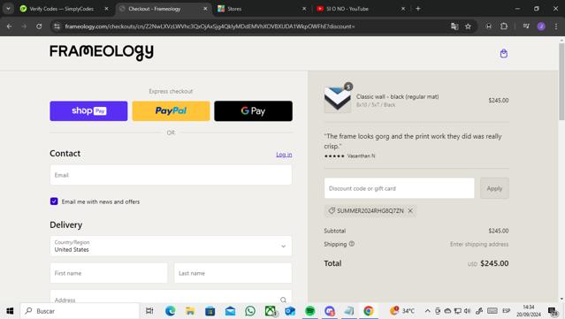 Frameology checkout page showing Frameology discount code box | Screenshot taken by SimplyCodes community member on Sep 20, 2024