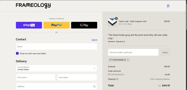 Frameology checkout page showing Frameology discount code box | Screenshot taken by SimplyCodes community member on Feb 10, 2025
