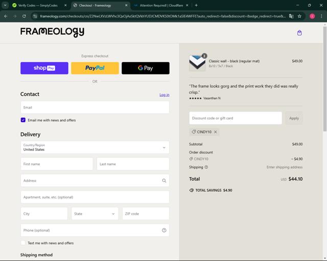 Frameology checkout page showing Frameology discount code box | Screenshot taken by SimplyCodes community member on Feb 10, 2025