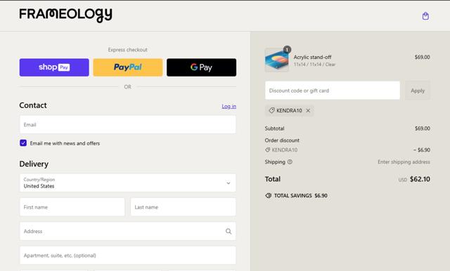 Frameology checkout page showing Frameology discount code box | Screenshot taken by SimplyCodes community member on Feb 10, 2025