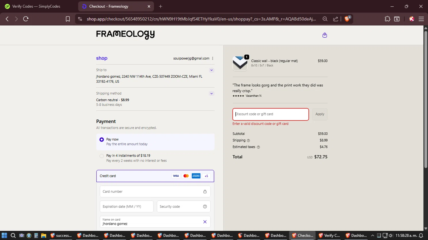 Frameology promo code screenshot showing code FRAMEURSHOOTT applied at Frameology checkout page. Uploaded by SimplyCodes community member Amidamaru on Feb 27, 2026