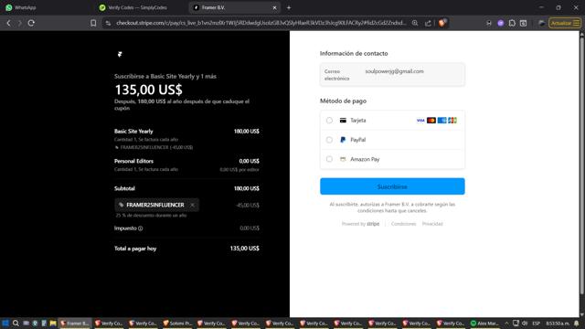 Framer checkout page showing Framer promo code box | Screenshot taken by SimplyCodes community member on Aug 25, 2025
