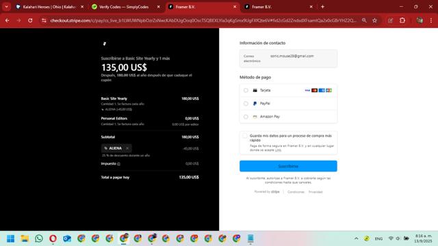 Framer checkout page showing Framer promo code box | Screenshot taken by SimplyCodes community member on Sep 13, 2025