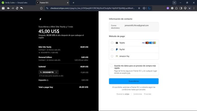 Framer checkout page showing Framer promo code box | Screenshot taken by SimplyCodes community member on Sep 8, 2025