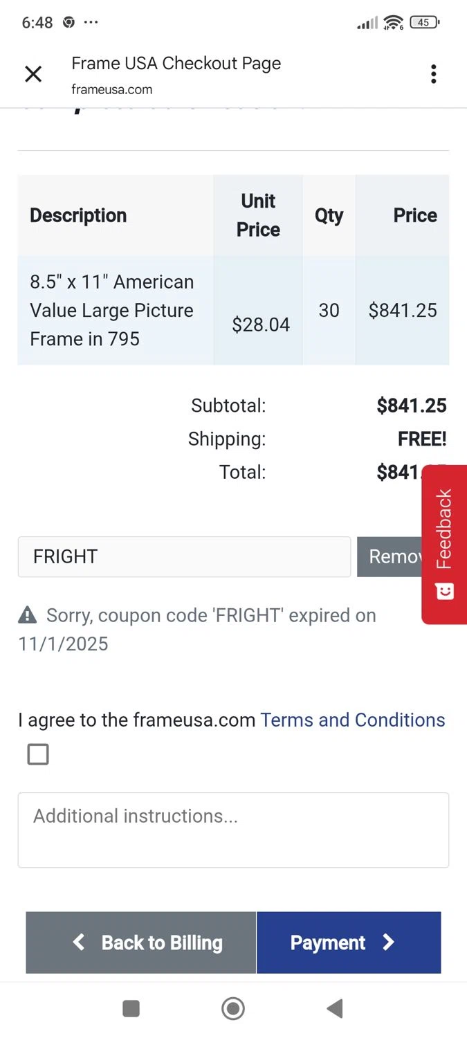 Frame USA coupon code screenshot showing code FRIGHT applied at Frame USA checkout page. Uploaded by SimplyCodes community member ShieldWhiz4659 on Nov 7, 2025