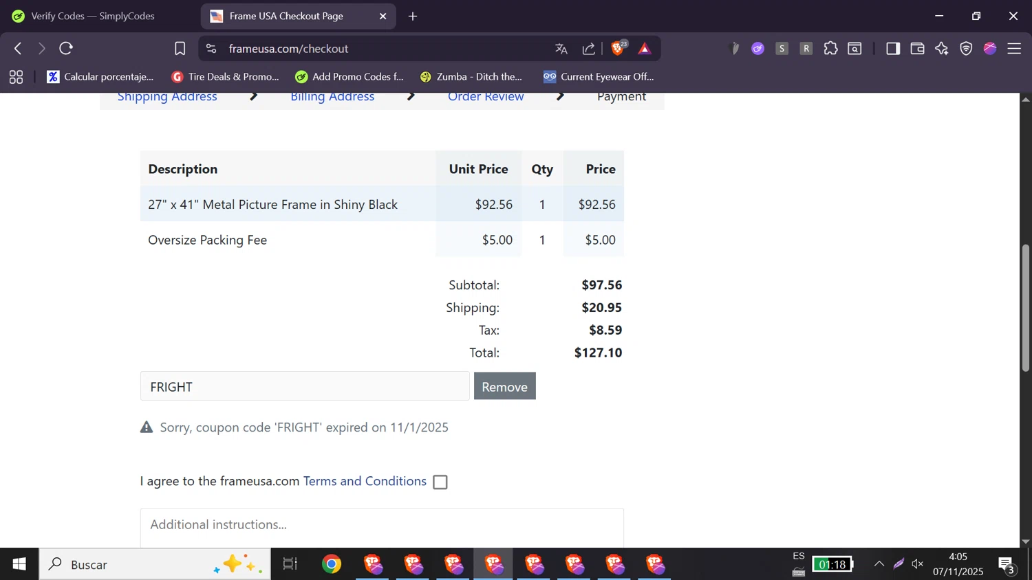 Frame USA coupon code screenshot showing code FRIGHT applied at Frame USA checkout page. Uploaded by SimplyCodes community member elizabethjames on Nov 7, 2025