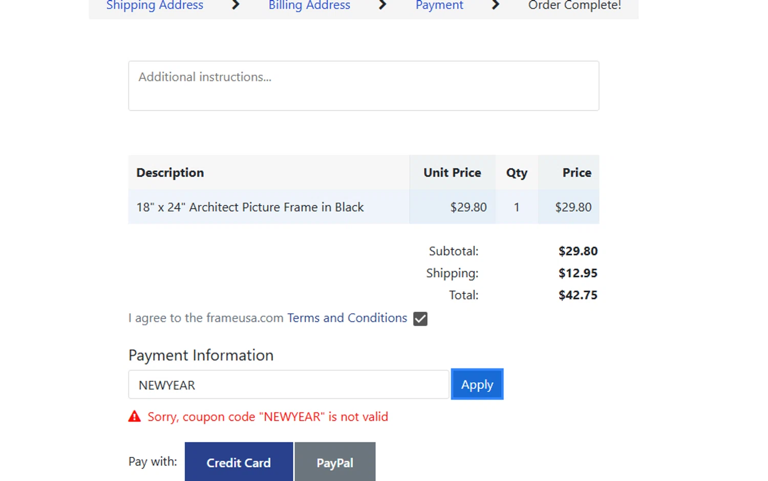 Frame USA coupon code screenshot showing code NewYear applied at Frame USA checkout page. Uploaded by SimplyCodes community member Gabrielo200 on Feb 26, 2025