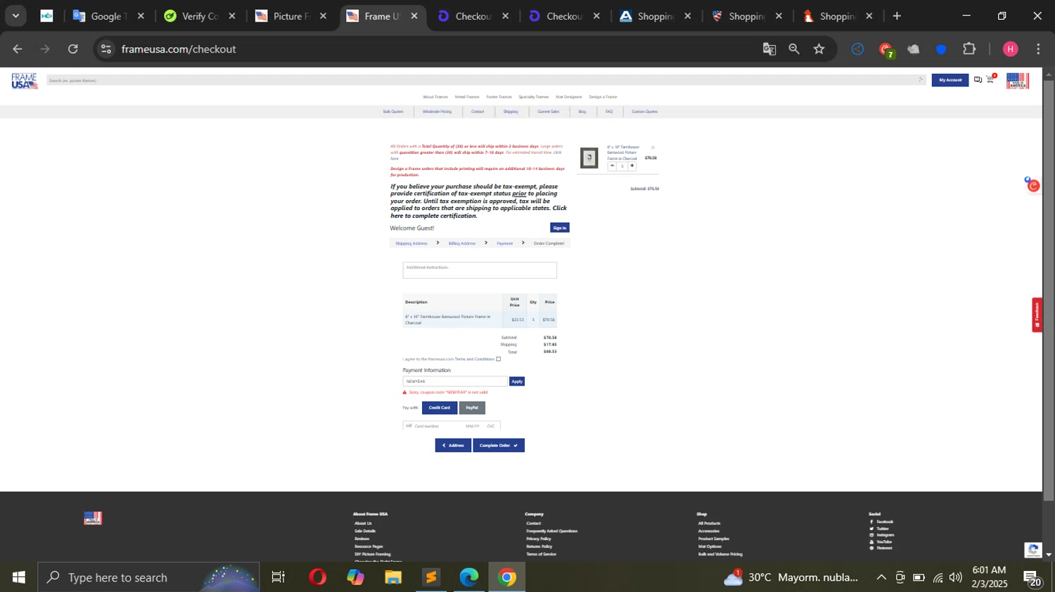 Frame USA coupon code screenshot showing code NewYear applied at Frame USA checkout page. Uploaded by SimplyCodes community member Sargentofrost on Feb 3, 2025