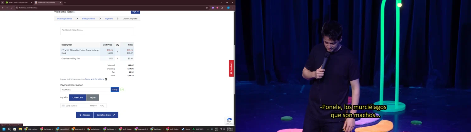 Frame USA checkout page showing Frame USA coupon code box | Screenshot taken by SimplyCodes community member on Jul 3, 2025
