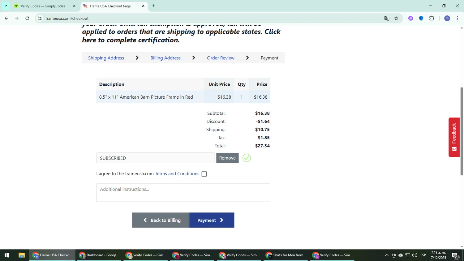 Frame USA coupon code screenshot showing code SUBSCRIBED applied at Frame USA checkout page. Uploaded by SimplyCodes community member QuestDefender2661 on Dec 7, 2025