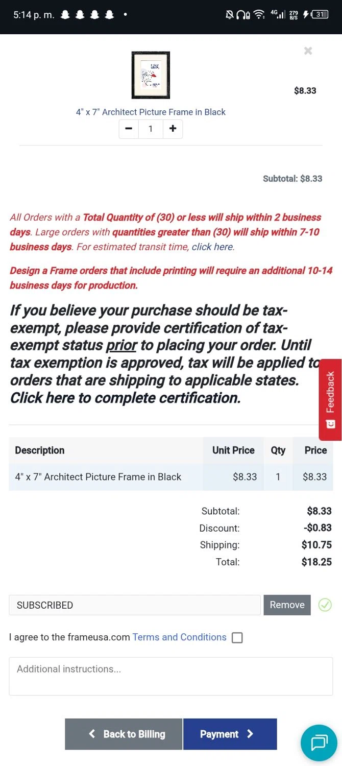 Frame USA checkout page showing Frame USA coupon code box | Screenshot taken by SimplyCodes community member on Feb 5, 2026