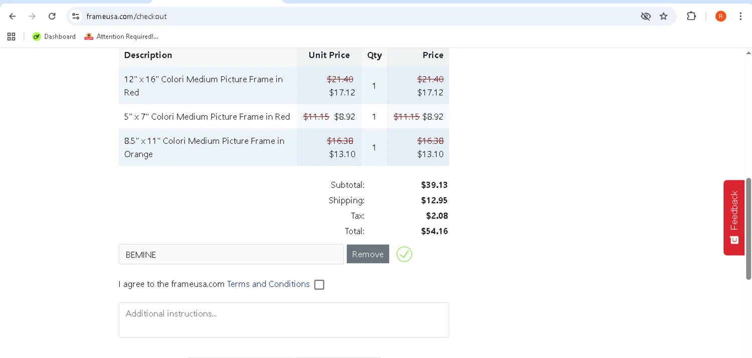 Frame USA checkout page showing Frame USA coupon code box | Screenshot taken by SimplyCodes community member on Feb 3, 2026